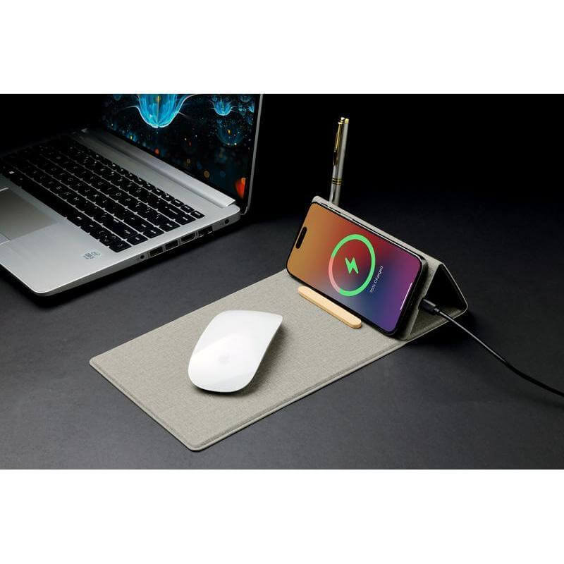 BLACE - @memorii Recycled PU Mouse Pad with Wireless Charger & Mobile Stand - Grey